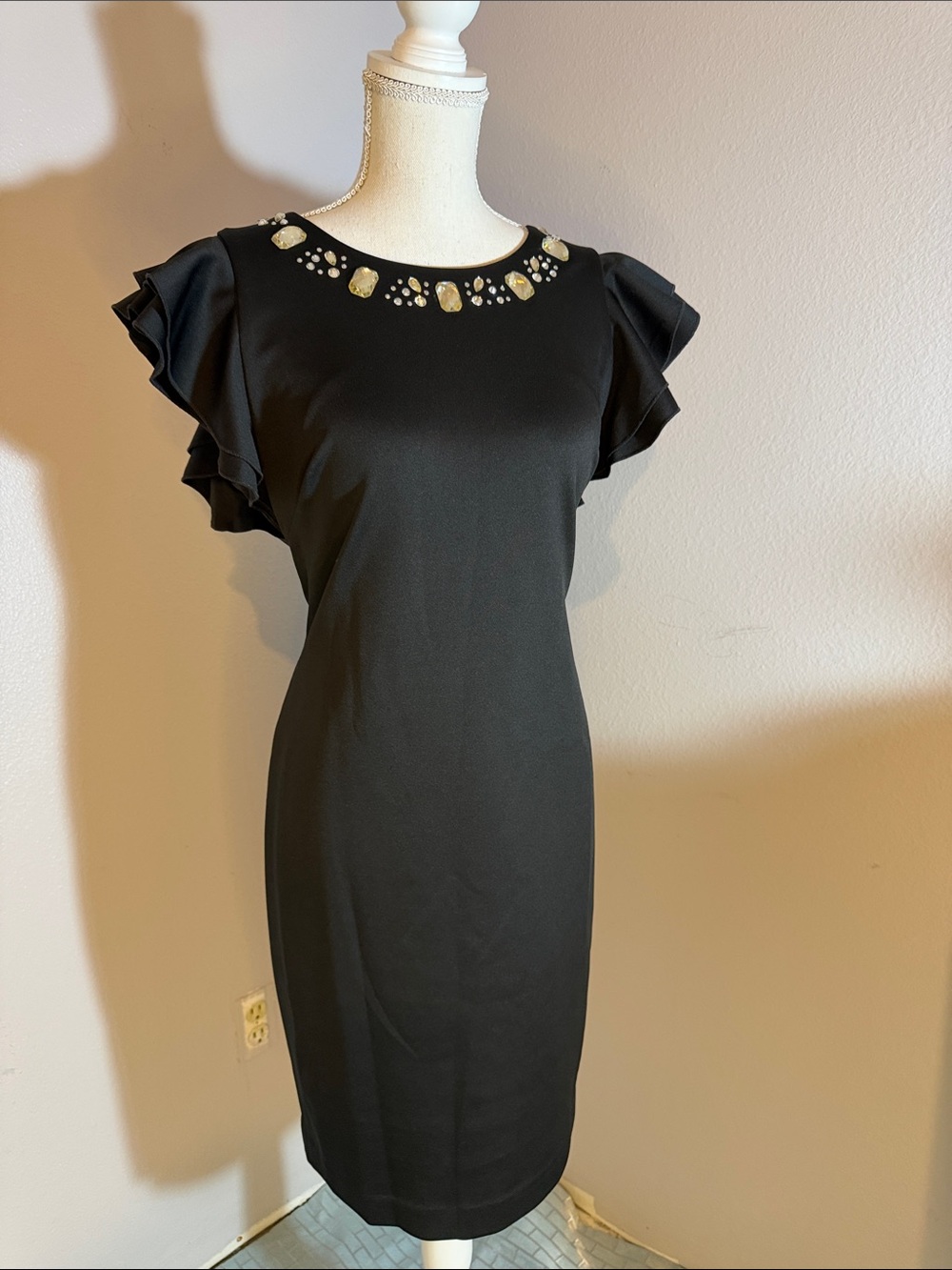 Tommy Hilfiger Black Midi Sheath Dress with Jeweled Neckline